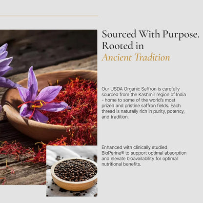 Organic Saffron Supplement with Bioperine® for Enhanced Absorption - 100% Pure Saffron Extract Capsules - Supports Weight Management, Craving Control & Eye Health - Boost Energy & Mood - 90 Capsules