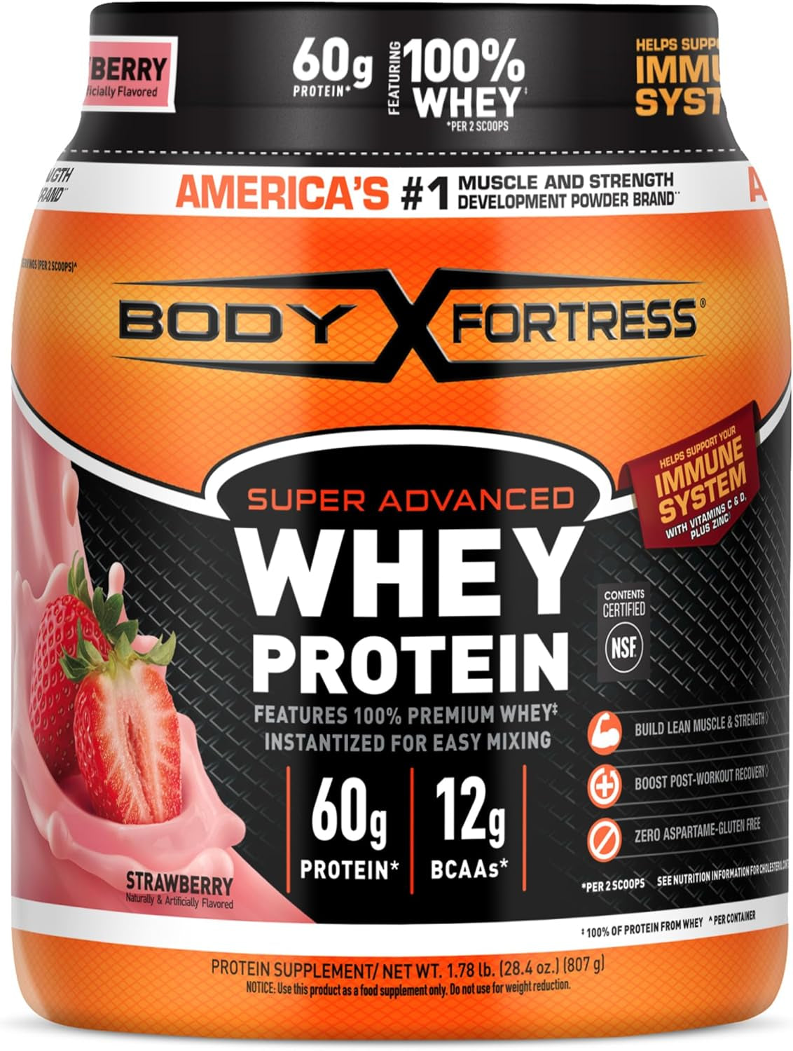 Super Advanced Whey Protein Powder, Strawberry, Immune Support (1), Vitamins C & D plus Zinc, 1.78 Lbs