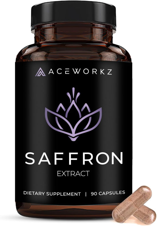 Organic Saffron Supplement with Bioperine® for Enhanced Absorption - 100% Pure Saffron Extract Capsules - Supports Weight Management, Craving Control & Eye Health - Boost Energy & Mood - 90 Capsules