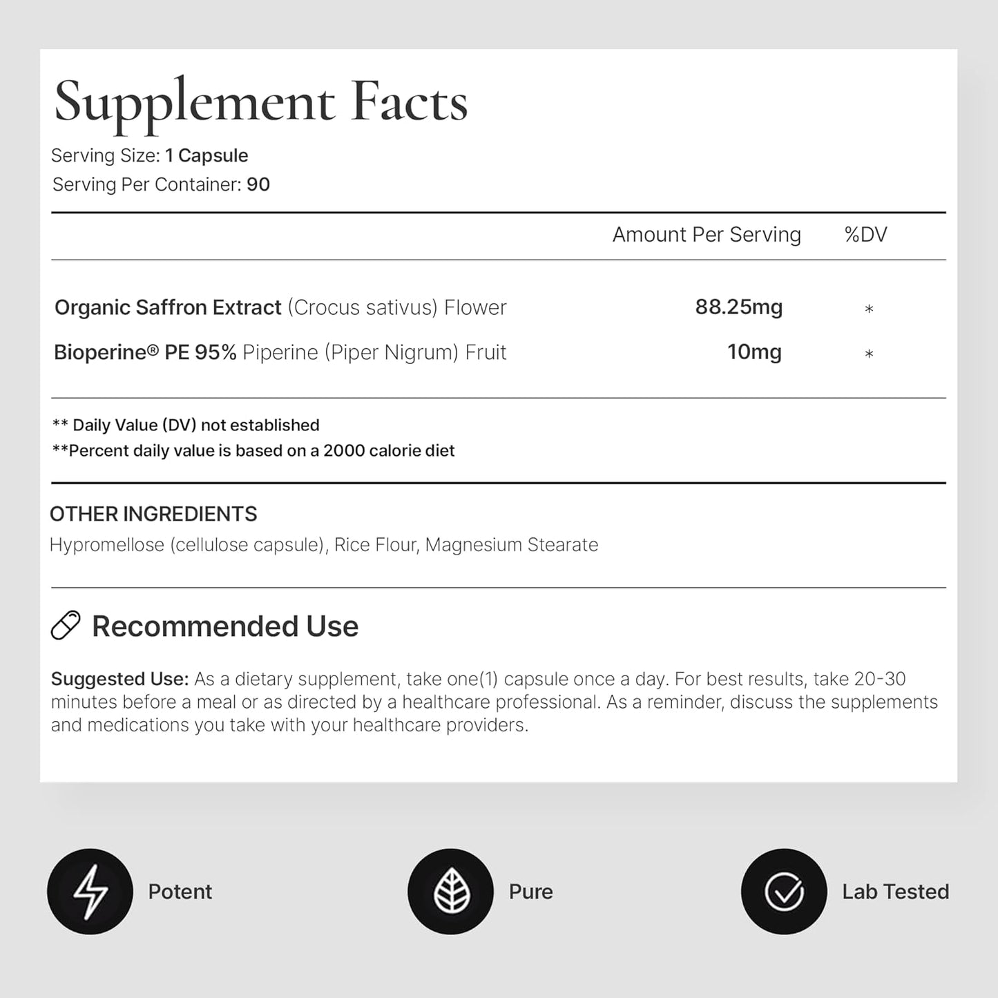 Organic Saffron Supplement with Bioperine® for Enhanced Absorption - 100% Pure Saffron Extract Capsules - Supports Weight Management, Craving Control & Eye Health - Boost Energy & Mood - 90 Capsules